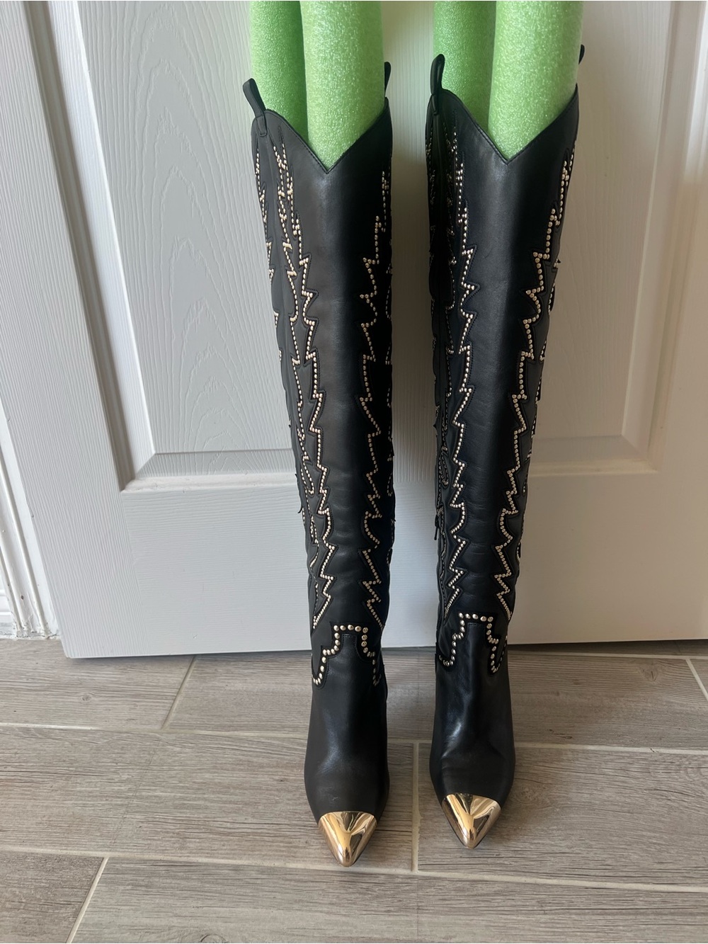 Gianni Bini Black Knee-High Boots with Gold Cap Toe Accents